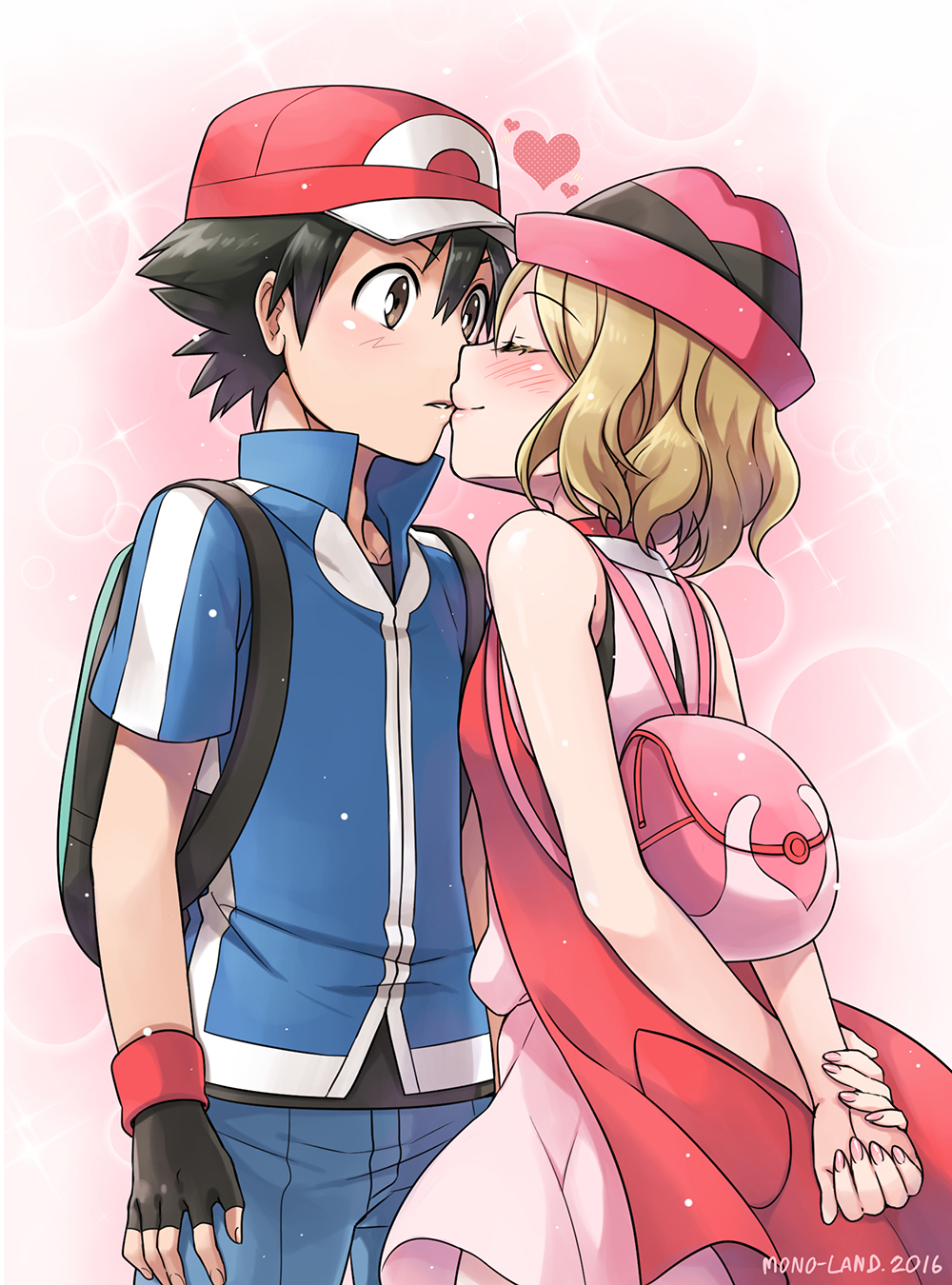 10s, 1boy, 1girl, 2016, arms_behind_back, artist_name, ash_ketchum, backpack
