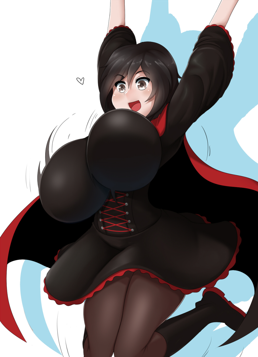 1girl, alternate_breast_size, black_hair, boots, bouncing_breasts, breasts, cape, corset, gothic_lolita, grey_eyes, happy, highres, huge_breasts, jumping, lolita_fashion, pantyhose, rooster_teeth, ruby_rose, rwby, simple_background, sinensian, skirt, smile