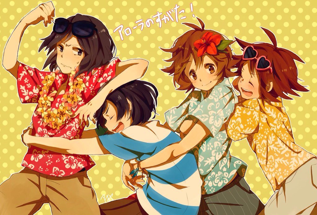 4boys, aoya_(ayoyame18), black_hair, brown_eyes, brown_hair, calem_(pokemon), closed_eyes, elio_(pokemon)