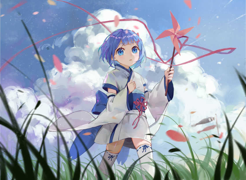 10s, 1girl, absurdres, aged_down, aimota, blue_eyes, blue_hair, blue_sky, child, cloud, day, detached_sleeves, female_focus, grass, hair_ornament, highres, japanese_clothes, kimono, looking_at_viewer, matching_hair/eyes, obi, outdoors, petals, pinwheel, re:zero_kara_hajimeru_isekai_seikatsu, rem_(re:zero), ribbon-trimmed_legwear, ribbon_trim, sash, short_hair, short_kimono, sky, solo, standing, thighhighs, white_kimono, white_thighhighs, wide_sleeves, x_hair_ornament, yukata