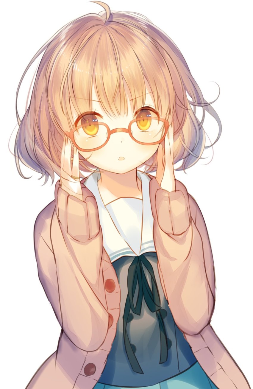 10s, 1girl, adjusting_eyewear, ahoge, bad_id, bad_twitter_id, bandaged_hand, blue_ribbon