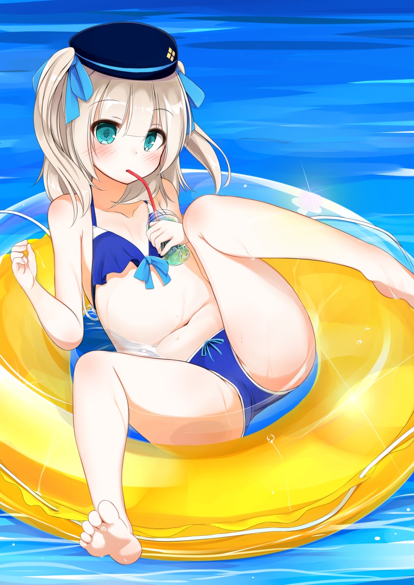 1girl, absurdres, afloat, bare_legs, barefoot, bikini, blue_bikini, blue_eyes