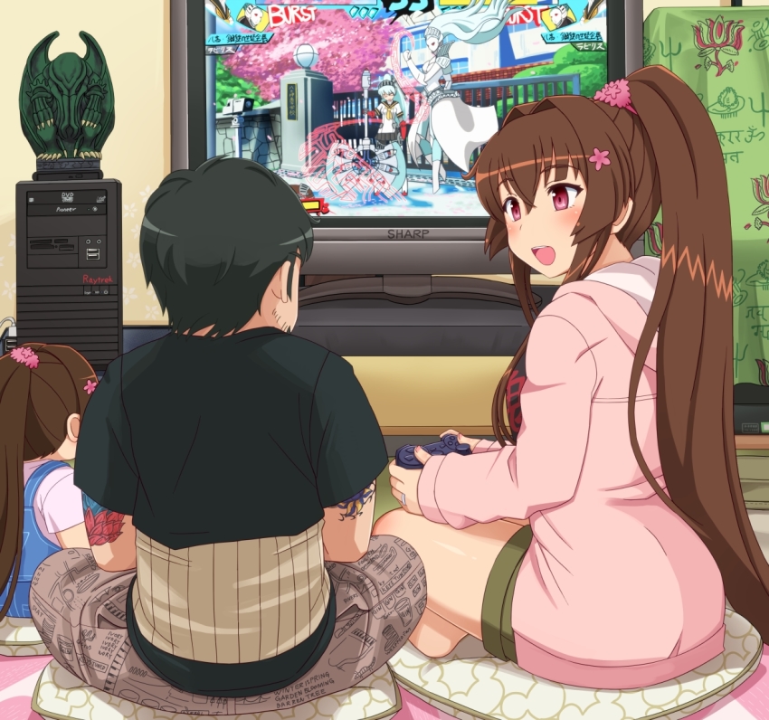 10s, 1boy, 2girls, :d, ariadne_(megami_tensei), artist_self-insert, bad_id, bad_pixiv_id, black_hair, character_request, cherry_blossoms, commentary_request, computer, copyright_request, cthulhu, family, hair_between_eyes, hood, hoodie, indian_style, kantai_collection, ko-yamato, labrys_(persona), long_hair, multiple_girls, open_mouth, persona, persona_4:_the_ultimate_in_mayonaka_arena, pillow, playing_games, playing_video_games, ponytail, purple_eyes, sharp_corporation, shin'en-san_(shin'en), shin'en_(gyokuro_company), sitting, smile, television, very_long_hair, video_game, yamato_(kancolle)