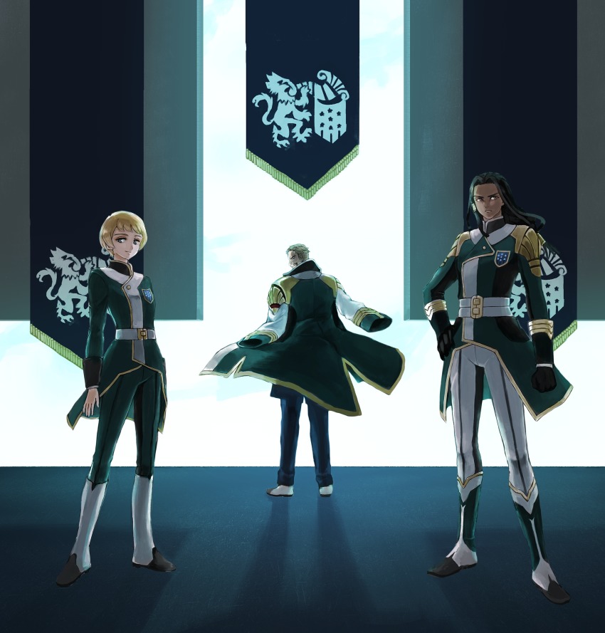 1girl, 2boys, gundam, gundam_tekketsu_no_orphans, highres, iok_kujan, julieta_juris, military_uniform