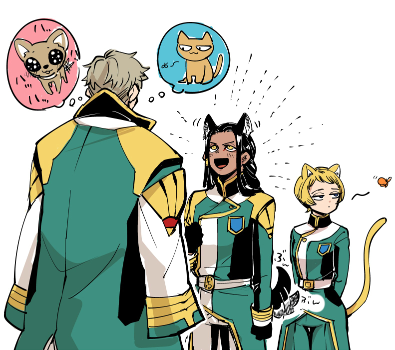 1girl, 2boys, animal_ears, cat_ears, dog_ears, gundam, gundam_tekketsu_no_orphans, iok_kujan