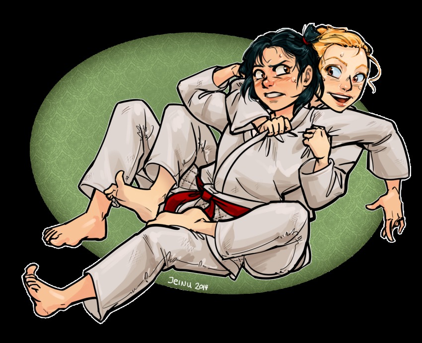 2girls, barefoot, black_hair, blonde_hair, brown_eyes, clenched_teeth, dougi, inokuma_yawara