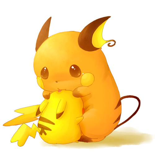 chappii, commentary_request, gen_1_pokemon, hug, lowres, no_humans, pikachu, pokemon, pokemon_(creature), raichu, size_difference, tongue, tongue_out