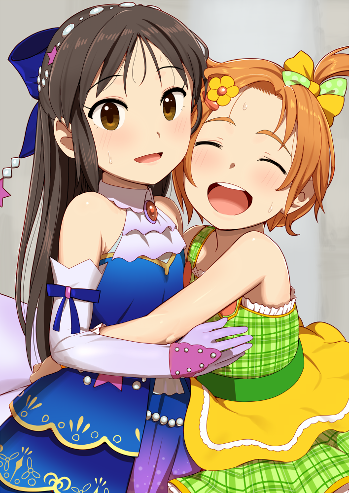 10s, 2girls, :d, ^_^, bare_shoulders, black_hair, blue_dress, blush, bow, brown_eyes, brown_hair, closed_eyes, commentary_request, derivative_work, dress, elbow_gloves, gloves, green_dress, hair_bow, hair_ornament, hair_ribbon, hairclip, half_updo, haruse_natsumi, hug, idolmaster, idolmaster_cinderella_girls, long_hair, looking_at_viewer, multiple_girls, open_mouth, pettan_p, photo-referenced, purple_gloves, real_life, ribbon, ryuzaki_kaoru, satou_amina, short_hair, side_ponytail, sleeveless, sleeveless_dress, smile, sweat, tachibana_arisu, thick_eyebrows, voice_actor_connection