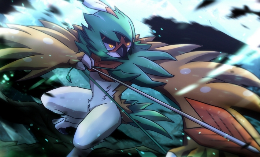 arrow_(projectile), asumakobayashi, decidueye, feathered_wings, feathers, gen_7_pokemon, highres, leaf, nintendo, no_humans, pokemon, pokemon_(creature), pokemon_sun_and_moon, solo, tree, wings, yellow_eyes