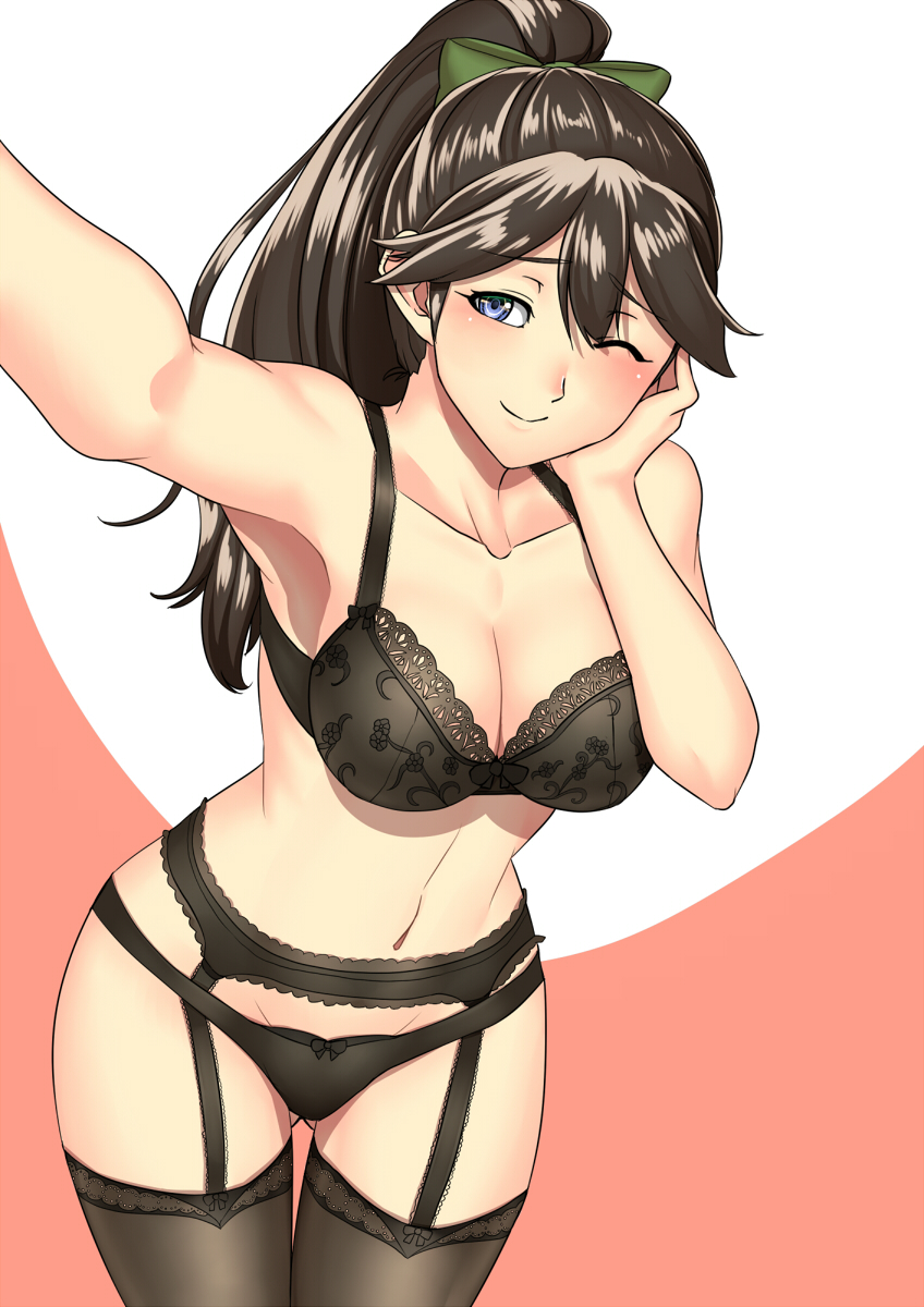10s, 1girl, ;), armpits, bare_shoulders, black_bra, black_hair, black_panties