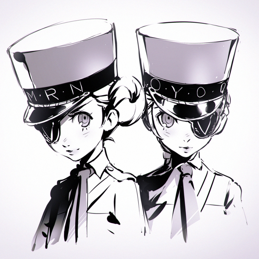 10s, 2girls, bad_id, bad_tumblr_id, caroline_(persona_5), double_bun, eyepatch, greyscale