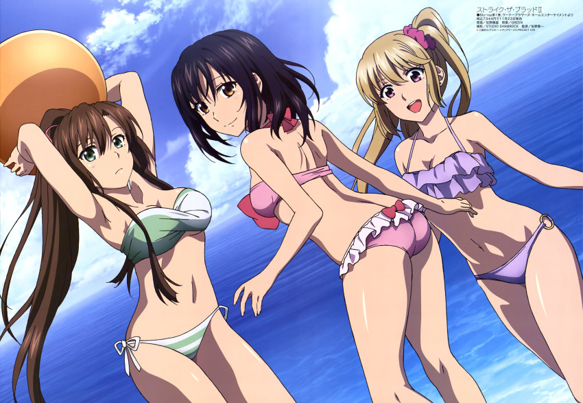 10s, 3girls, :d, absurdres, aiba_asagi, armpits, ass, ball, beach, beachball, bikini, black_hair, blonde_hair, breasts, brown_eyes, brown_hair, day, green_eyes, hair_between_eyes, highres, himeragi_yukina, kirasaka_sayaka, kneepits, light_frown, light_smile, long_hair, magazine_scan, medium_breasts, megami_magazine, multiple_girls, navel, nude_filter_request, o-ring, o-ring_bottom, ocean, official_art, open_mouth, outdoors, ponytail, purple_eyes, sano_takao, scan, short_hair, side-tie_bikini_bottom, skindentation, smile, strike_the_blood, swimsuit, teeth, upper_teeth_only, water