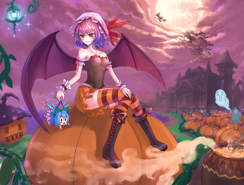 3girls, absurdres, architecture, arm_cuffs, bare_shoulders, bat_(animal), bat_wings, black_footwear