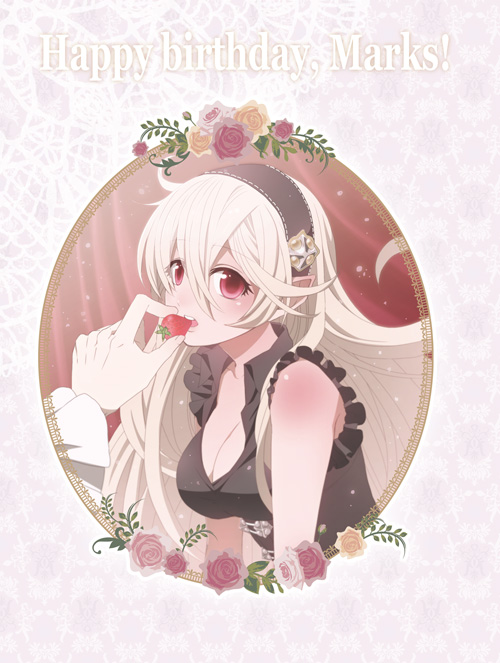 1boy, 1girl, blush, female_corrin_(fire_emblem), fire_emblem, fire_emblem_fates, food, fruit, headband, isagomon, long_hair, nintendo, out_of_frame, pointy_ears, red_eyes, solo_focus, strawberry, white_hair