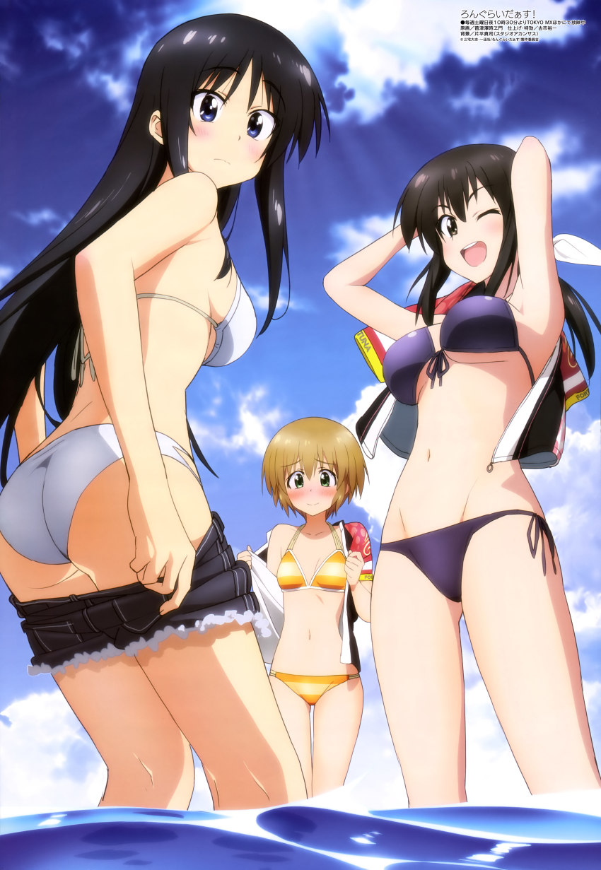 10s, 3girls, absurdres, ass, bikini, black_bikini, black_hair, black_shorts