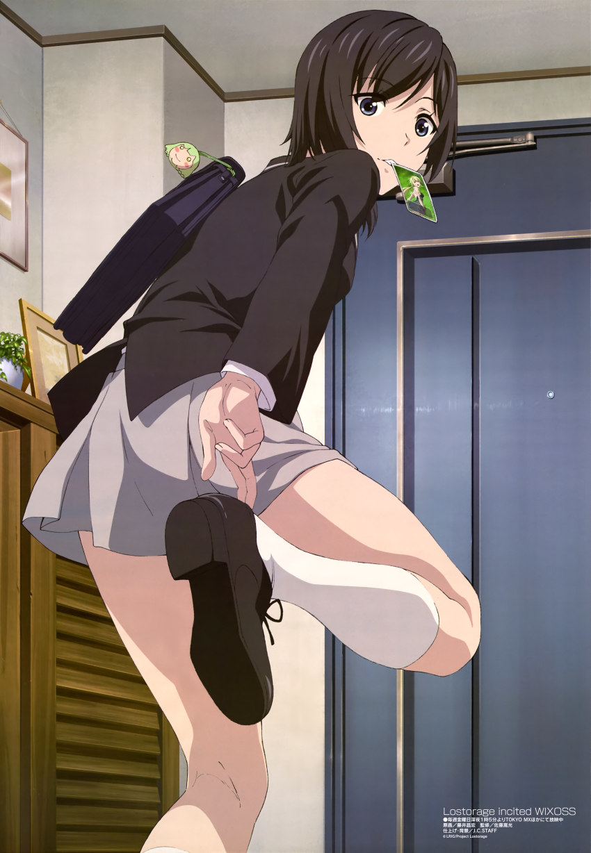 10s, 1girl, absurdres, adjusting_clothes, adjusting_shoe, bag, bag_charm, black_eyes, black_hair, black_shoes, blouse, briefcase, card, charm_(object), cross-laced_footwear, female_focus, from_behind, fujii_masahiro, highres, indoors, kneehighs, kneepits, looking_at_viewer, looking_back, lostorage_wixoss, mel_(wixoss), miniskirt, morikawa_chinatsu, mouth_hold, official_art, putting_on_footwear, scan, school_bag, school_briefcase, school_uniform, shirt, shoe_soles, shoes, short_hair, skirt, socks, solo, standing, standing_on_one_leg, white_shirt, white_socks, wixoss