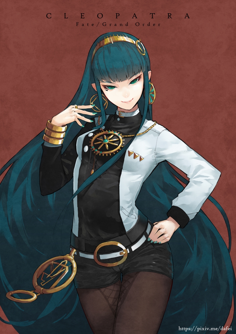 >:), 1girl, aqua_hair, aqua_nails, artist_name, belt, belt_buckle, belt_collar