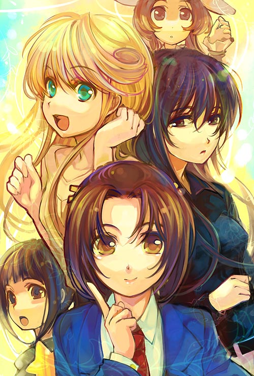 5girls, ame_yamori, bad_id, bad_pixiv_id, black_hair, blonde_hair, bonnie_magee, brown_eyes