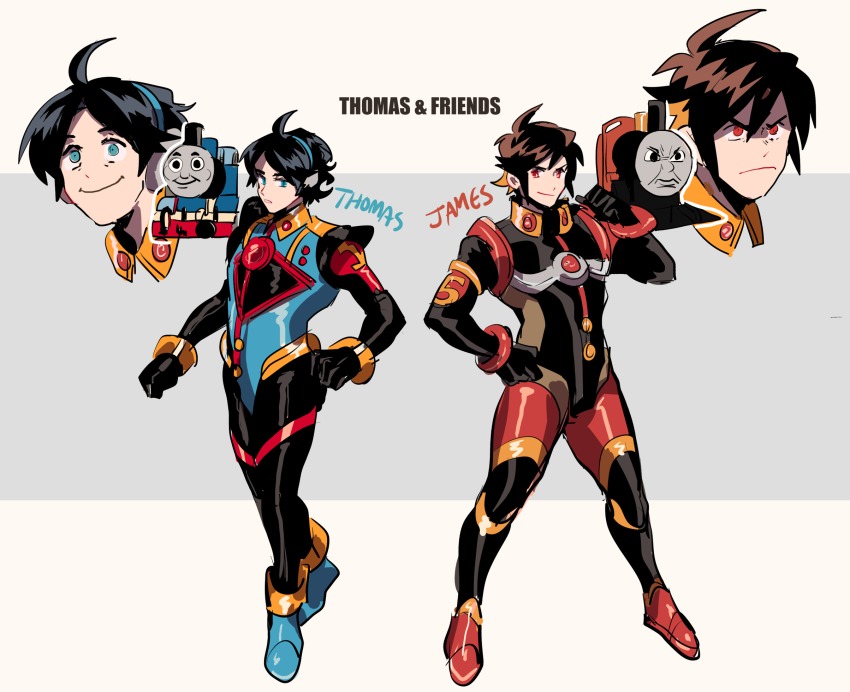2boys, bad_id, bad_twitter_id, black_hair, blue_eyes, bodysuit, brown_hair, character_name