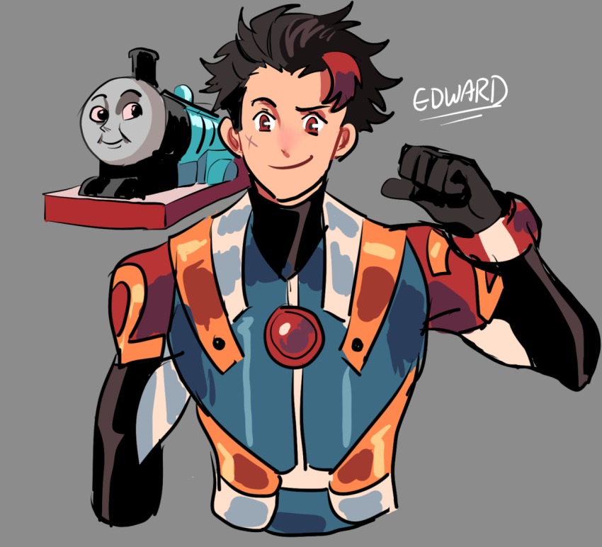 1boy, bad_id, bad_twitter_id, bodysuit, character_name, edward_the_blue_engine, grey_background, hair_slicked_back