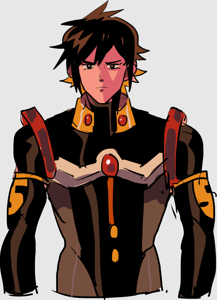 1boy, bad_id, bad_twitter_id, bodysuit, brown_hair, grey_background, james_the_red_engine, kendy_(revolocities)