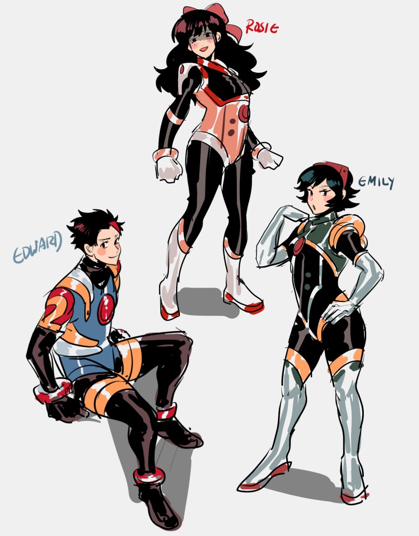 1boy, 2girls, bad_id, bad_twitter_id, black_hair, bodysuit, boots, bow