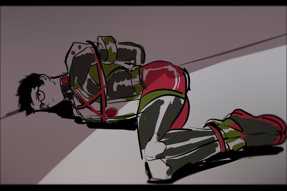 1boy, arms_behind_back, bad_id, bad_twitter_id, black_hair, bodysuit, bound, glasses