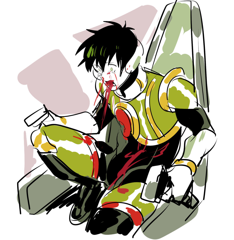 1boy, bad_id, bad_twitter_id, black_hair, blood, blood_from_mouth, bodysuit, chair