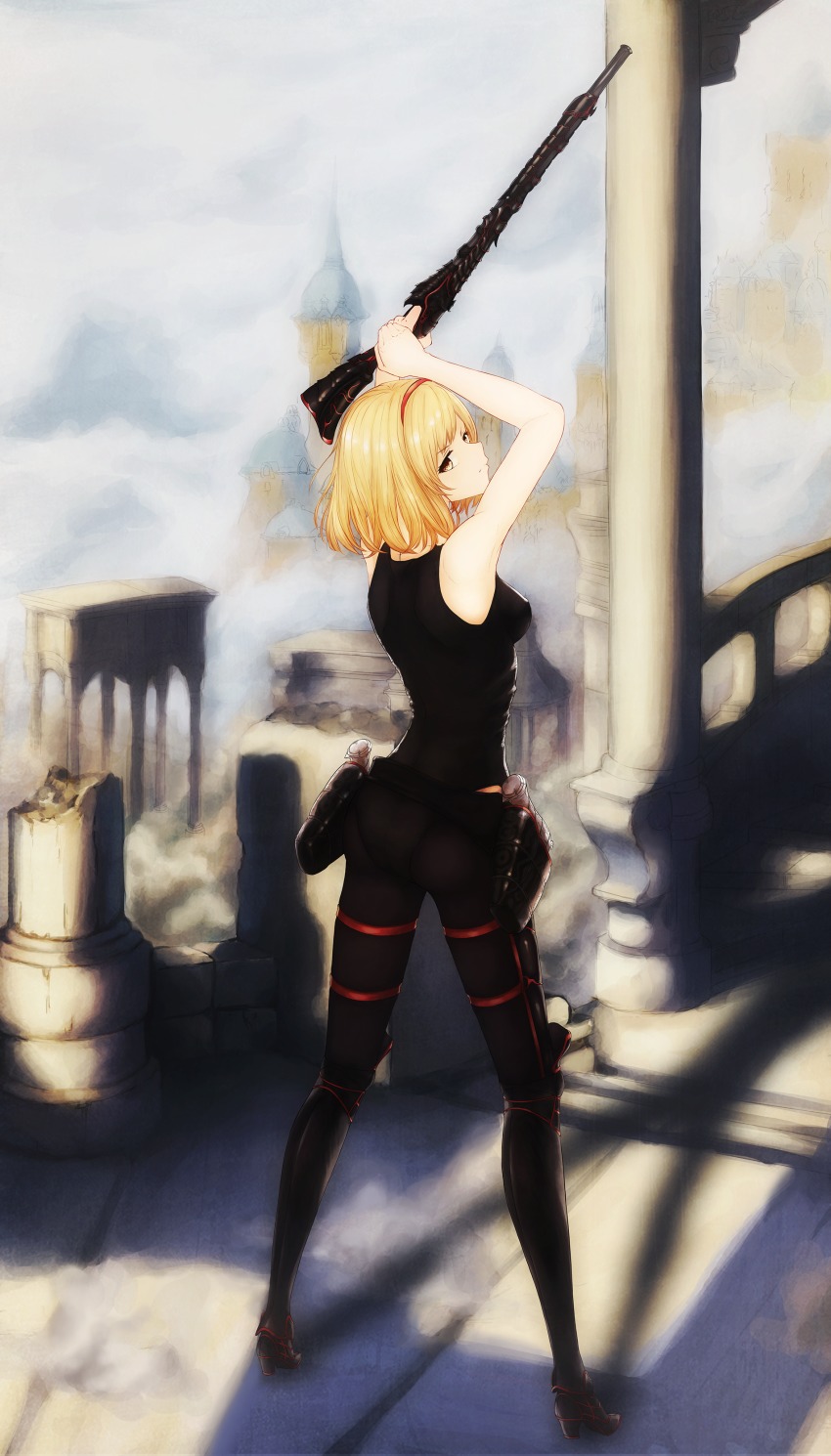 10s, 1girl, absurdres, armor, armored_boots, arms_up, ass, bare_arms