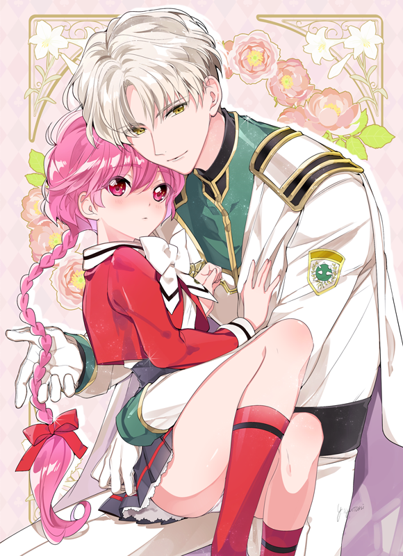 1boy, 1girl, bishounen, black_skirt, bow, braid, cape, couple