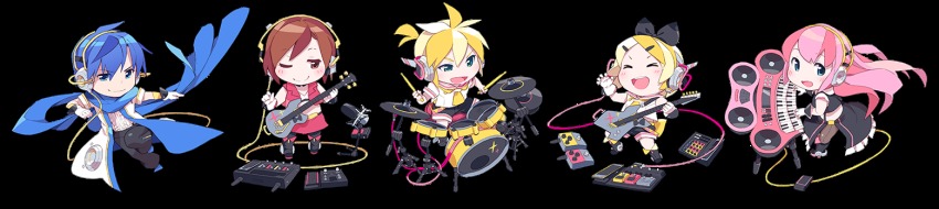 2boys, 3girls, bass_guitar, black_footwear, blonde_hair, blue_eyes, blue_hair, boots, bow, brown_eyes, brown_hair, chibi, closed_eyes, coat, dress, drum, drumsticks, electric_guitar, frilled_dress, frilled_skirt, frills, full_body, gloves, guitar, hair_bow, headset, instrument, kagamine_len, kagamine_rin, kaito_(vocaloid), keyboard_(instrument), len_(a-7), long_image, magical_mirai_(vocaloid), magical_mirai_kaito, magical_mirai_kaito_(2016), magical_mirai_len, magical_mirai_len_(2016), magical_mirai_luka, magical_mirai_luka_(2016), magical_mirai_meiko, magical_mirai_meiko_(2016), magical_mirai_rin, magical_mirai_rin_(2016), matching_outfits, megurine_luka, meiko_(vocaloid), multiple_boys, multiple_girls, music, one_eye_closed, open_clothes, open_coat, pants, pantyhose, pink_hair, playing_instrument, red_skirt, sailor_collar, scarf, short_sleeves, shorts, side_slit, sitting, skirt, sleeveless, sleeveless_dress, smile, speaker, standing, standing_on_one_leg, transparent_background, vocaloid, white_gloves, wide_image, wire