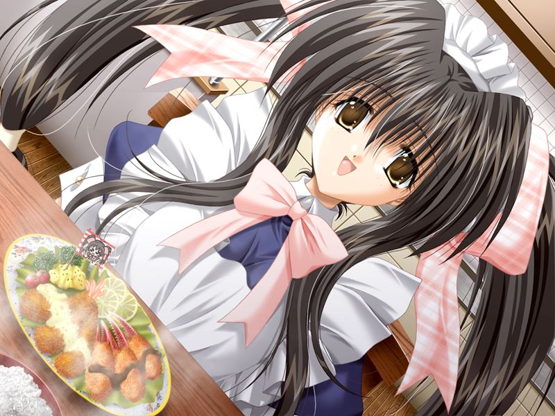 00s, 1girl, akira_(usausa), black_hair, brown_eyes, darling, dutch_angle, female_focus, food, game_cg, kitano_miyuki, long_hair, maid, non-web_source, open_mouth, solo, twintails