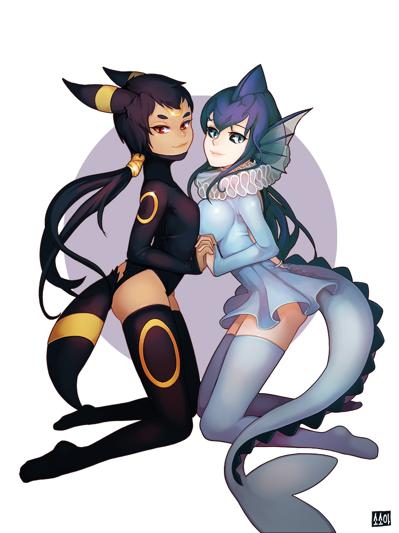 2girls, animal_ears, asymmetrical_docking, black_hair, black_legwear, black_sclera, blue_dress, blue_eyes