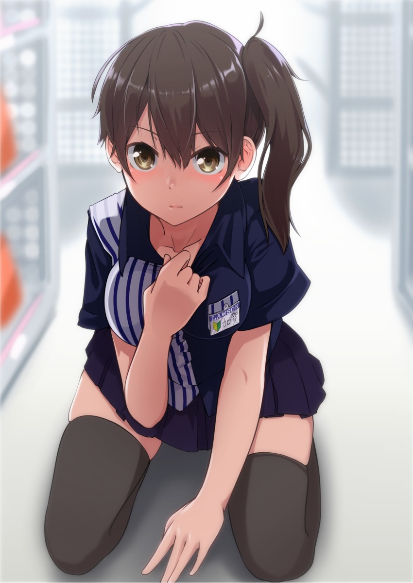 10s, 1girl, :|, between_legs, black_thighhighs, blue_shirt, blue_skirt, blurry