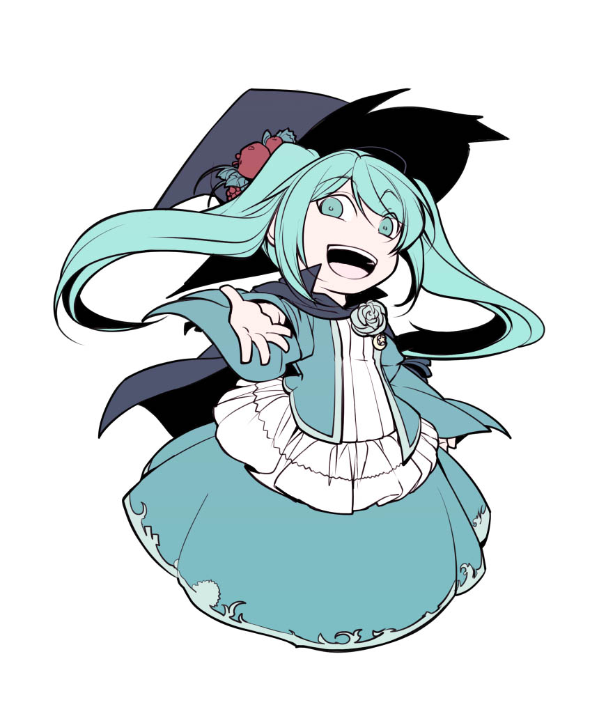 >:d, 1girl, :d, apple, aqua_eyes, aqua_hair, black_cape, blue_dress