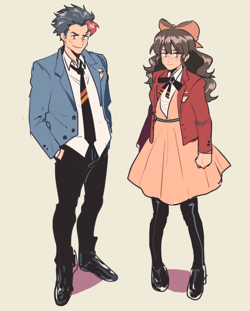 1boy, 1girl, bad_id, bad_twitter_id, black_hair, blazer, bow, brown_hair