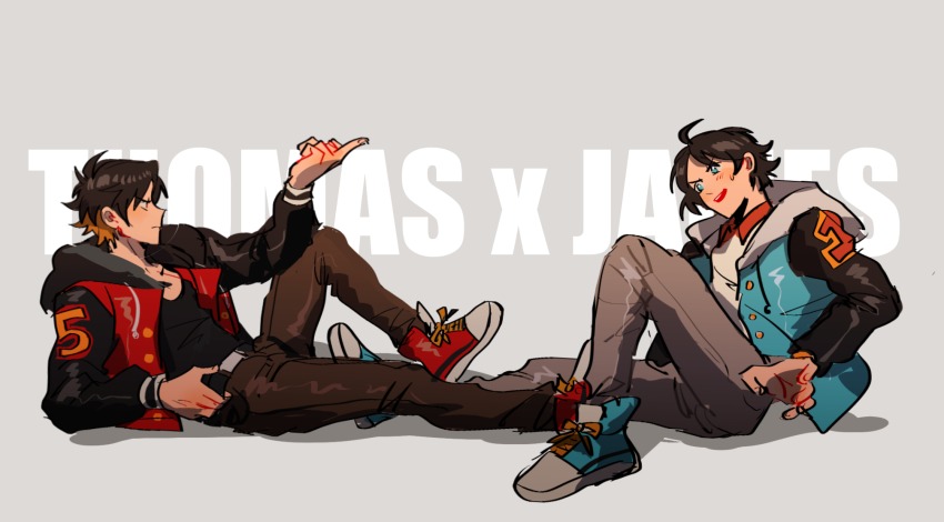 2boys, ahoge, bad_id, bad_twitter_id, blue_eyes, brown_hair, character_name, grey_background