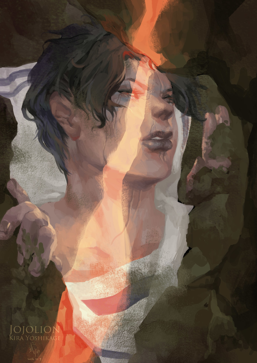 1boy, absurdres, black_hair, black_lips, buried, character_name, copyright_name, dated, dirt, highres, jojo_no_kimyou_na_bouken, jojolion, kira_yoshikage_(jojolion), light, lipstick, makeup, male_focus, missing_headwear, no_headwear, signature, solo, vm_(as92402)