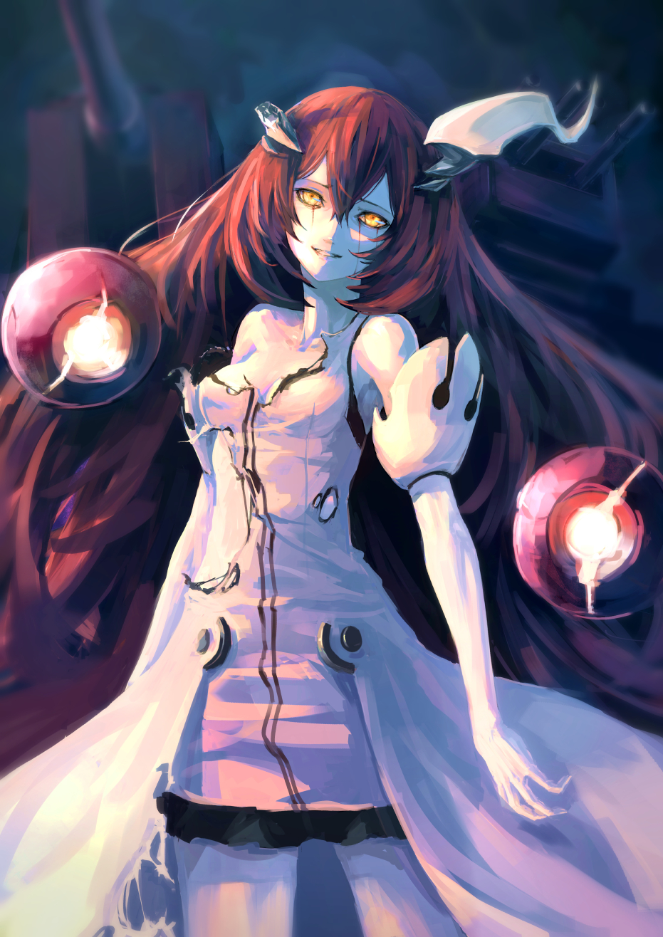 10s, abyssal_ship, anchorage_water_oni, bare_shoulders, cannon, collarbone, elbow_gloves, gloves