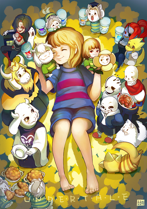 alphys, androgynous, annoying_dog, arm_around_shoulder, asgore_dreemurr, asriel_dreemurr, barefoot, black_hair, blush, brown_hair, cape, chara_(undertale), closed_eyes, copyright_name, crown, eyepatch, flowey_(undertale), food, frisk_(undertale), furry, furry_male, gender_request, heart, lying, mettaton, mettaton_ex, monster_boy, monster_kid_(undertale), napstablook, on_back, open_mouth, papyrus_(undertale), pasta, ponytail, red_cape, red_footwear, red_hair, robe, sans_(undertale), shirt, shoes, shorts, smile, sosoa, spaghetti, standing, striped_clothes, striped_shirt, tail, tail_wagging, temmie, toriel, undertale, undyne, utdr_(toby_fox), w.d._gaster