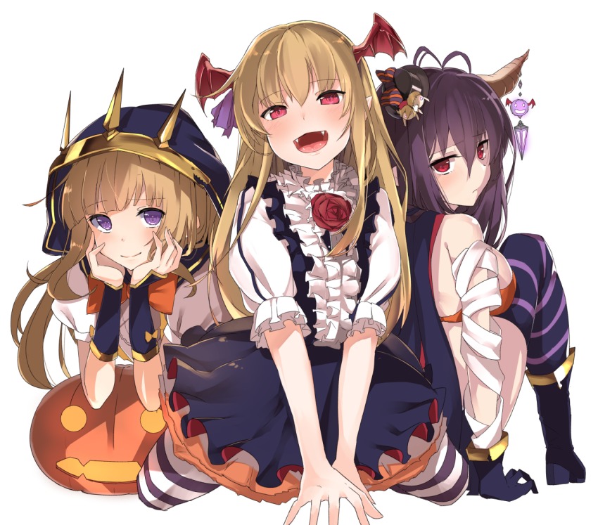 10s, 3girls, antenna_hair, arm_support, bat_wings, black_hair, blonde_hair, blush, bow, breasts, cagliostro_(granblue_fantasy), cagliostro_(halloween)_(granblue_fantasy), cape, commentary_request, crown, danua, draph, fangs, frilled_skirt, frills, girl_sandwich, gloves, granblue_fantasy, hair_between_eyes, half-closed_eyes, halloween, hands_on_own_cheeks, hands_on_own_face, hat, head_wings, horns, kneeling, large_breasts, long_hair, long_sleeves, looking_at_viewer, looking_back, mini_hat, multiple_girls, open_mouth, pantyhose, pointy_ears, puffy_short_sleeves, puffy_sleeves, pumpkin, purple_eyes, red_eyes, sandwiched, sato_(samanosuke_0710), shingeki_no_bahamut, shirt, short_sleeves, simple_background, sitting, skirt, smile, striped_clothes, striped_legwear, striped_pantyhose, v_arms, vampire, vampy, white_background, wings