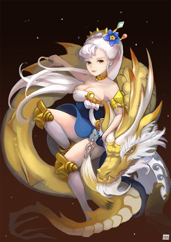 1girl, armlet, bare_shoulders, breasts, cleavage, collarbone, dragon, earrings