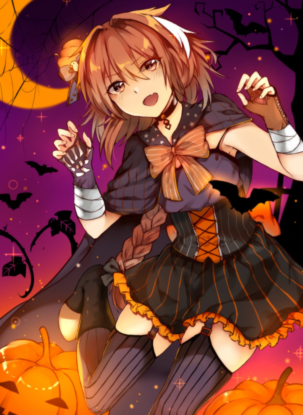 1boy, :d, animal_print, astolfo_(fate), asymmetrical_gloves, back_bow, bad_id, bad_twitter_id