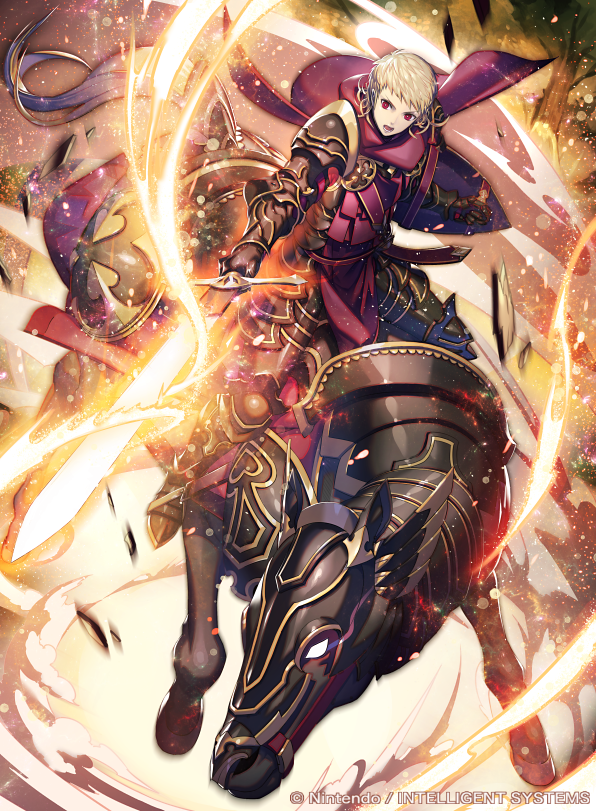 1boy, armor, armored_boots, barding, blonde_hair, boots, company_name, fire, fire_emblem, fire_emblem_cipher, fire_emblem_fates, gloves, glowing, glowing_eyes, horse, male_focus, nintendo, official_art, open_mouth, purple_eyes, red_eyes, riding, setsu_albatross, shield, siegbert_(fire_emblem), solo, sparkle, sword, teeth, weapon