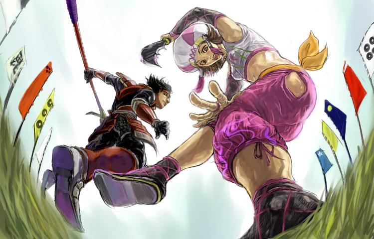 1boy, 1girl, beret, black_hair, brown_eyes, brown_hair, dagger, elbow_gloves