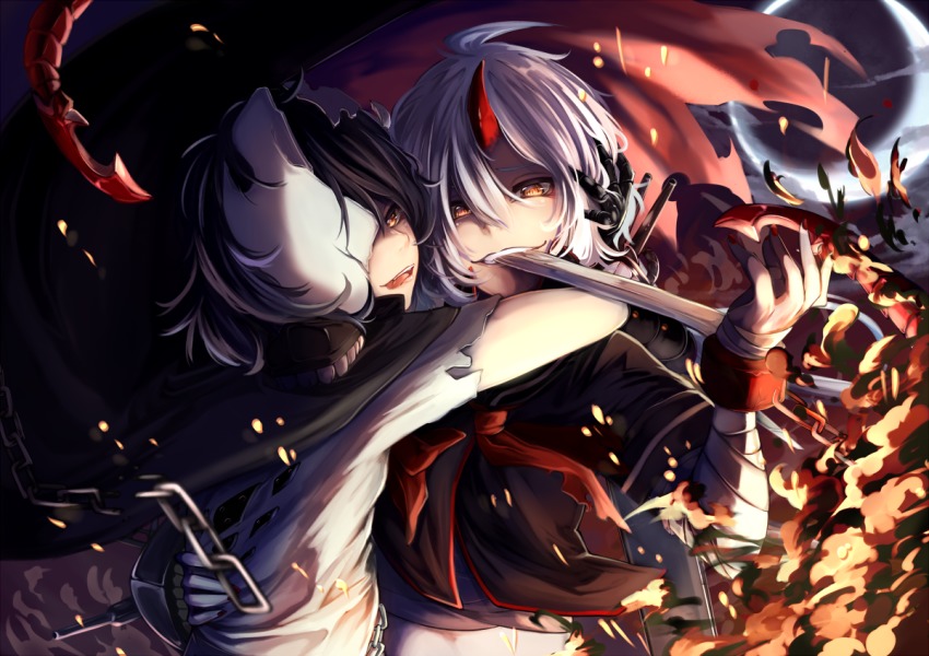 10s, 2girls, abyssal_ship, alternate_costume, alternate_hair_color, black_cape, black_hair, brown_eyes, cape, chain, chi-class_torpedo_cruiser, chi-class_torpedo_cruiser_(cosplay), cosplay, dark_persona, explosion, halloween, horns, hug, kako_(kancolle), kantai_collection, kiso_(kancolle), koruta_(nekoimo), looking_at_viewer, mask, mouth_hold, multiple_girls, neckerchief, oni, sailor_collar, school_uniform, serafuku, short_hair, single_horn, smile, smirk, white_hair