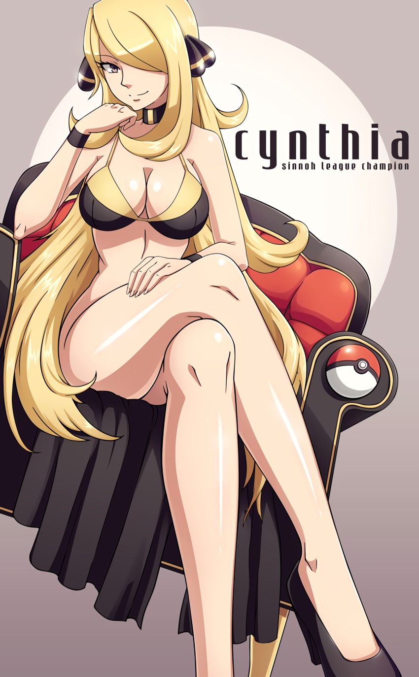 1girl, bikini, bikini_top_only, blonde_hair, bottomless, breasts, chair, character_name, choker, crossed_legs, cynthia_(pokemon), female_focus, hair_ornament, hair_over_one_eye, high_heels, highres, large_breasts, long_hair, nintendo, no_panties, no_socks, pokemon, pokemon_diamond/pearl/platinum, scott_bennett, sitting, smile, solo, swimsuit, very_long_hair, vivivoovoo, wristband, yellow_eyes