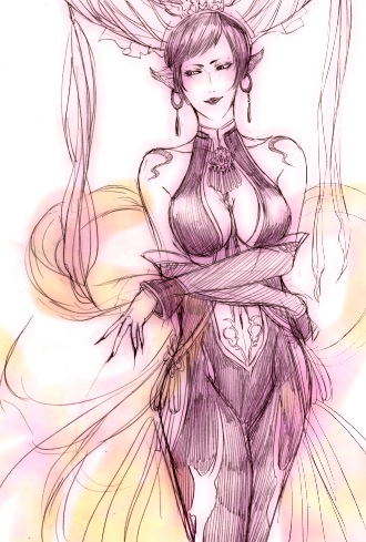 1girl, bodysuit, breasts, cleavage, crossed_arms, da_ji, da_ji_(musou_orochi), earrings