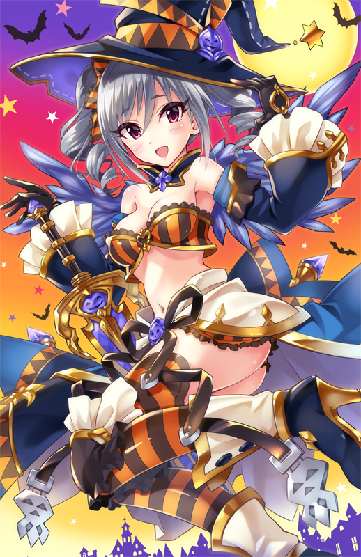 1girl, :d, bare_shoulders, bat_(animal), beatrix_(granblue_fantasy), beatrix_(granblue_fantasy)_(cosplay), beatrix_(halloween)_(granblue_fantasy), black_gloves, blush, boots, breasts, cleavage, cosplay, detached_collar, drill_hair, female_focus, full_moon, gloves, granblue_fantasy, grey_hair, halloween, hat, high_heel_boots, high_heels, idolmaster, idolmaster_cinderella_girls, kanzaki_ranko, long_hair, looking_at_viewer, moon, navel, open_mouth, red_eyes, smile, solo, star_(symbol), striped_clothes, striped_thighhighs, sword, thighhighs, twin_drills, twintails, urabi_(tomatohouse), weapon, witch_hat