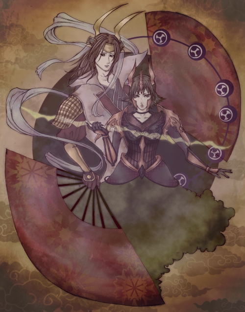 2girls, black_hair, brown_hair, folding_fan, hand_fan, holding, ishida_mitsunari_(sengoku_musou), japanese_clothes